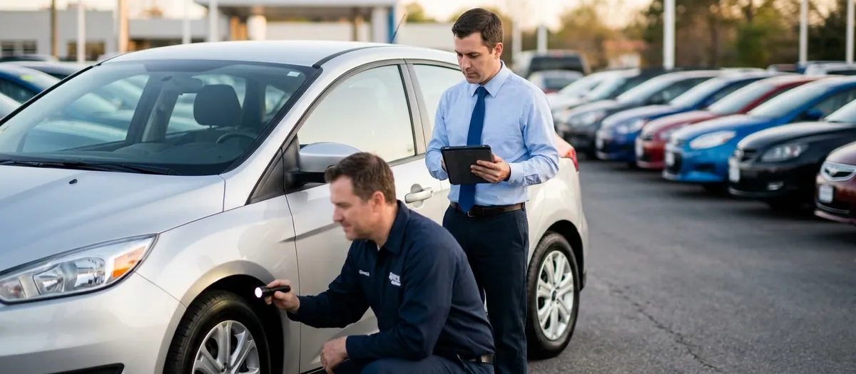 Oględziny używanego auta na placu komisu: mechanik z latarką przy nadkolu, handlowiec z tabletem