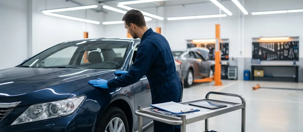 Mechanik w hali warsztatu sprawdza dłonią lakier i błotnik granatowego sedana